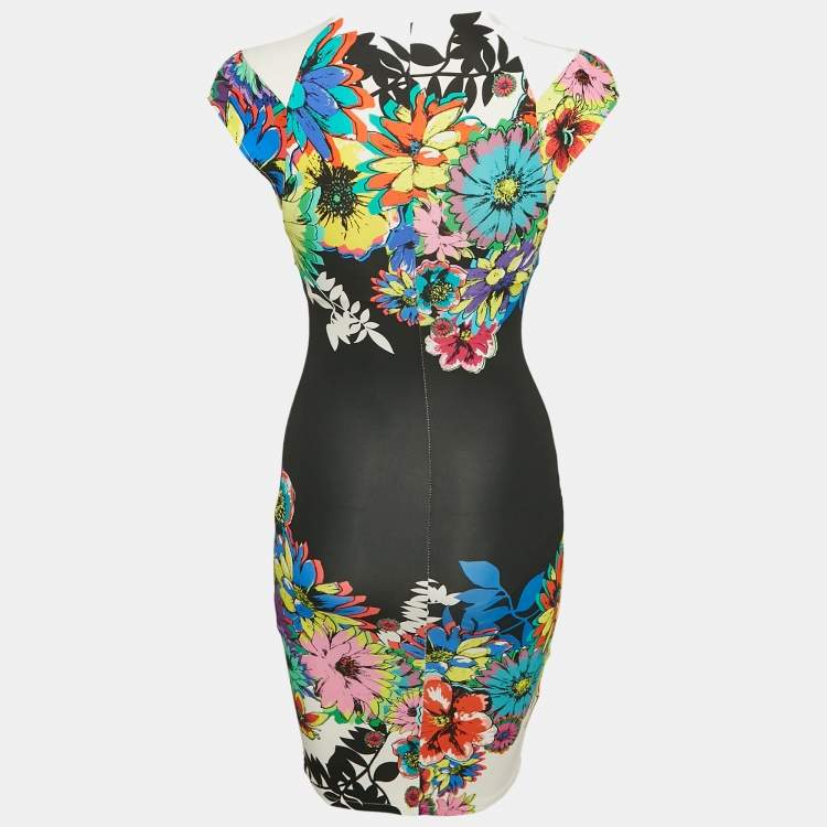 Pre Owned Roberto Cavalli Black Floral Print Jersey Mini Dress S