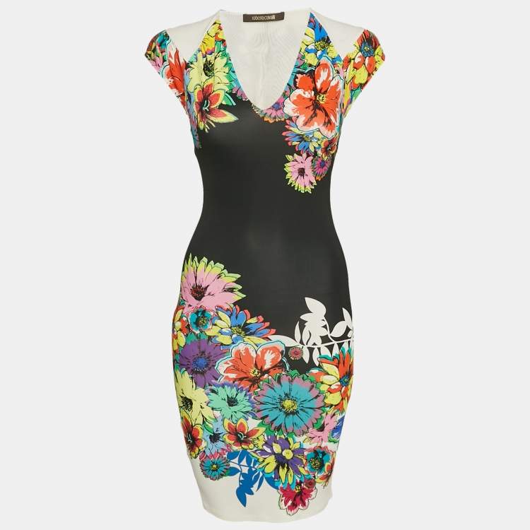 Pre Owned Roberto Cavalli Black Floral Print Jersey Mini Dress S