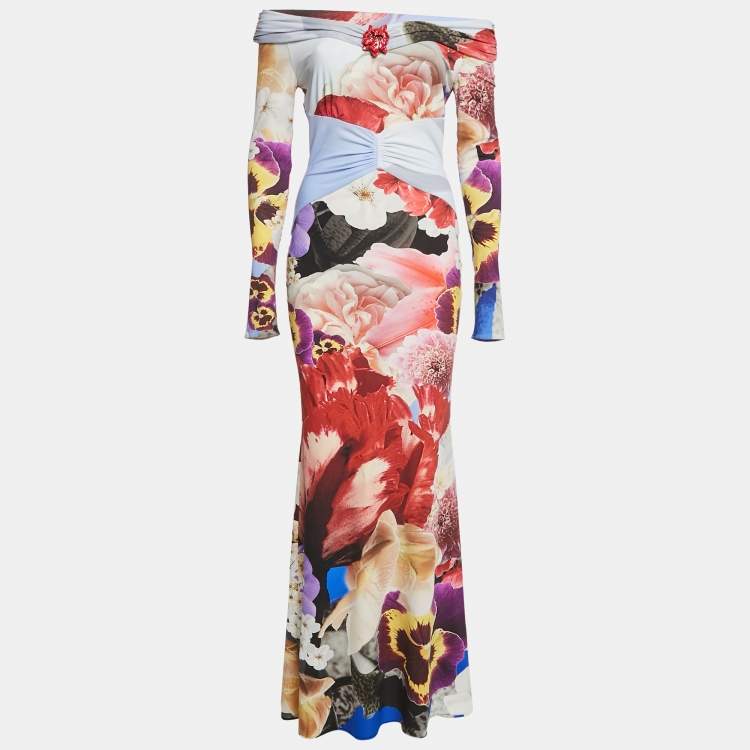 Pre Owned Roberto Cavalli Multicolor Floral Print Jersey Brooch Detail Maxi Dress S
