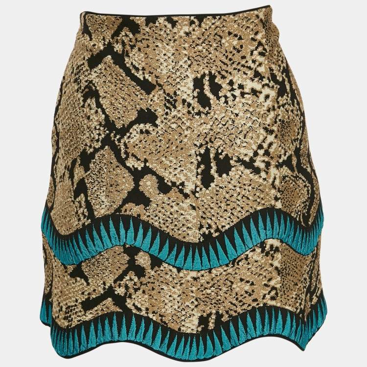 Pre Owned Roberto Cavalli Beige Snakeskin Pattern Stretch Knit Scallop Mini Skirt S