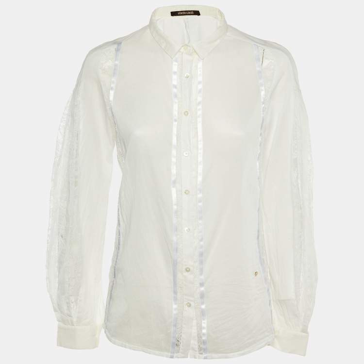Pre Owned Roberto Cavalli White Cotton & Lace Paneled Button Up Shirt L