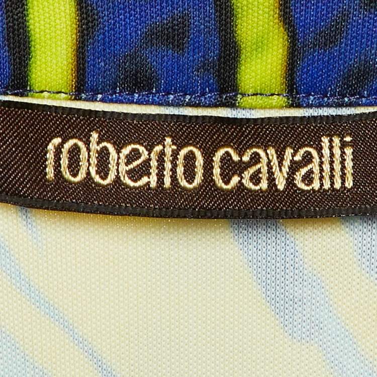 Pre Owned Roberto Cavalli Blue/Yellow Printed Silk & Jersey Jumpsuit M