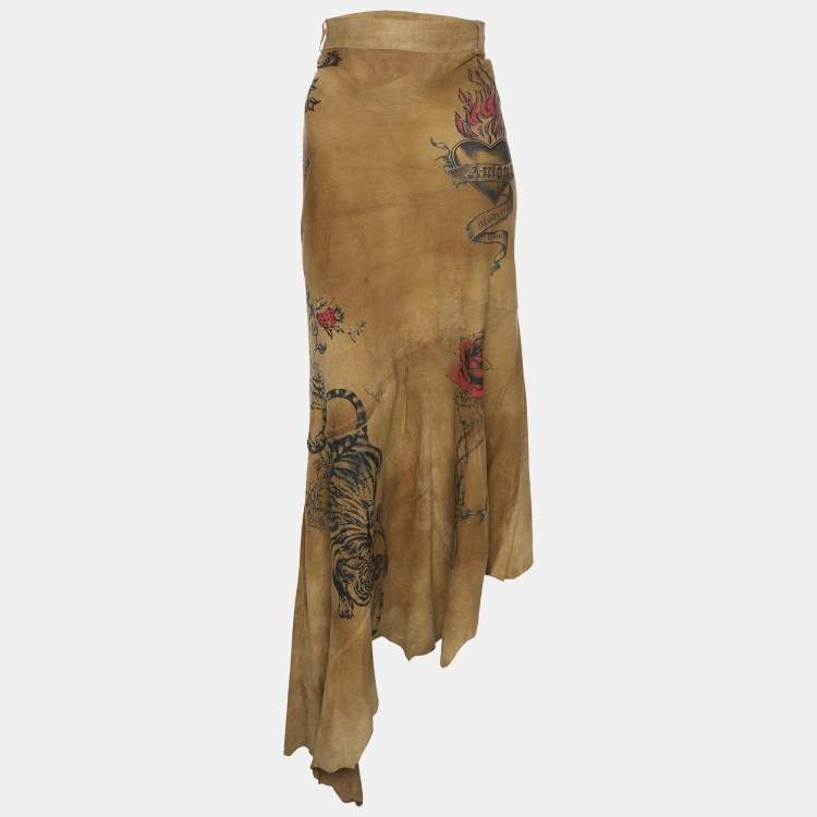 Pre Owned Roberto Cavalli Khaki Suede Tattoo Maxi Skirt XL