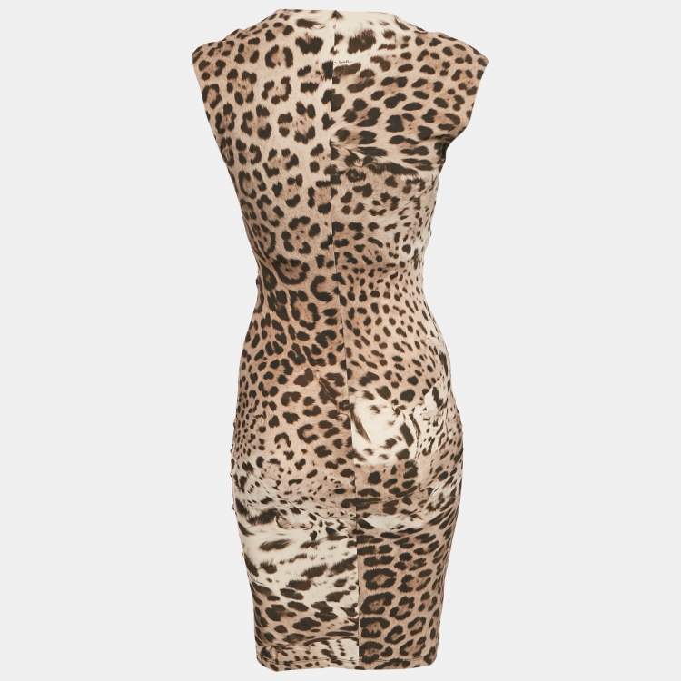 Pre Owned Roberto Cavalli Brown Leopard Print Jersey Ruche Short Dress S
