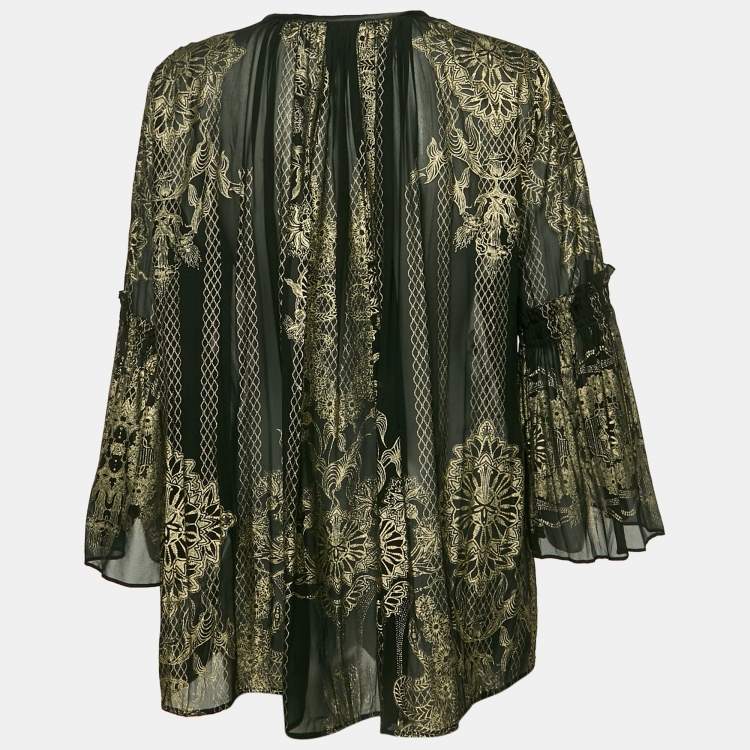 Pre Owned Roberto Cavalli Black Painted Silk A-Line Blouse L