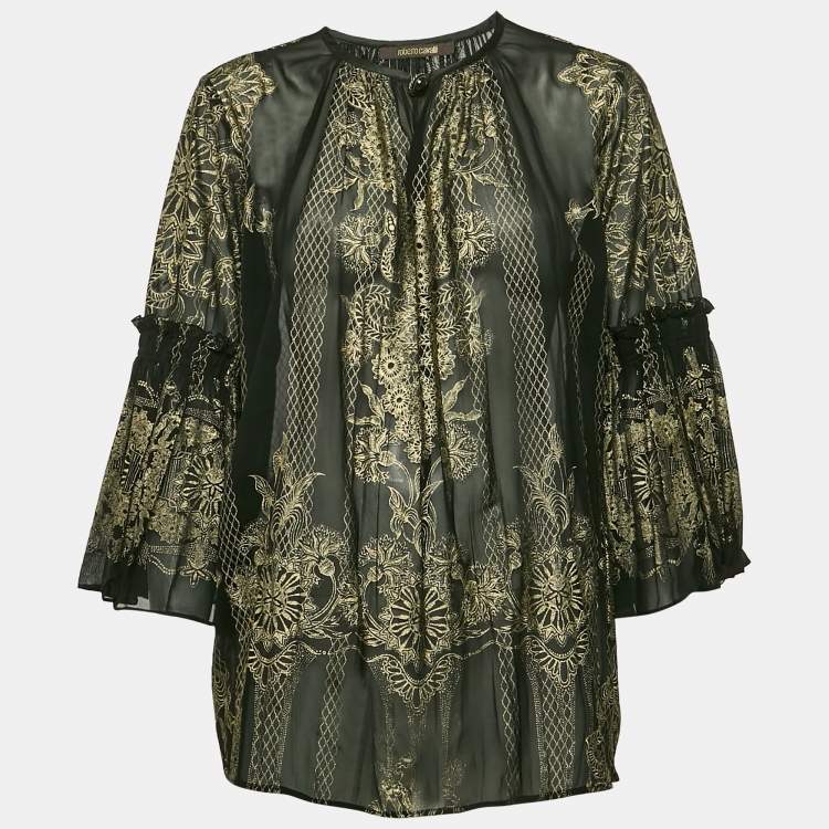 Pre Owned Roberto Cavalli Black Painted Silk A-Line Blouse L