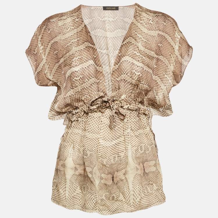 Pre Owned Roberto Cavalli Brown Snakeskin Print Silk Cinched Waist Top S