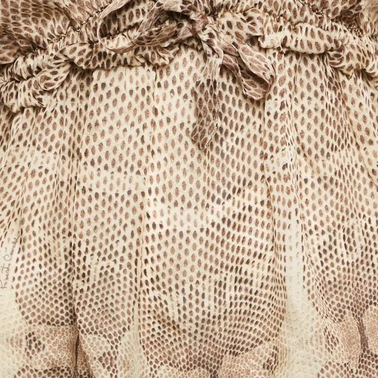 Pre Owned Roberto Cavalli Brown Snakeskin Print Silk Cinched Waist Top S