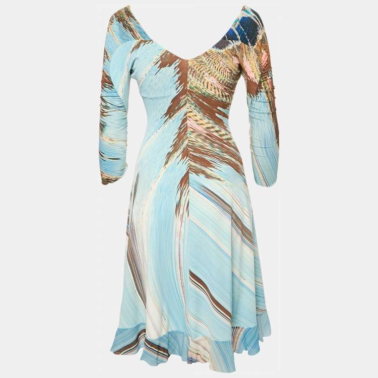Pre Owned Roberto Cavalli Blue Printed Jersey Long Sleeve Short Dress XS