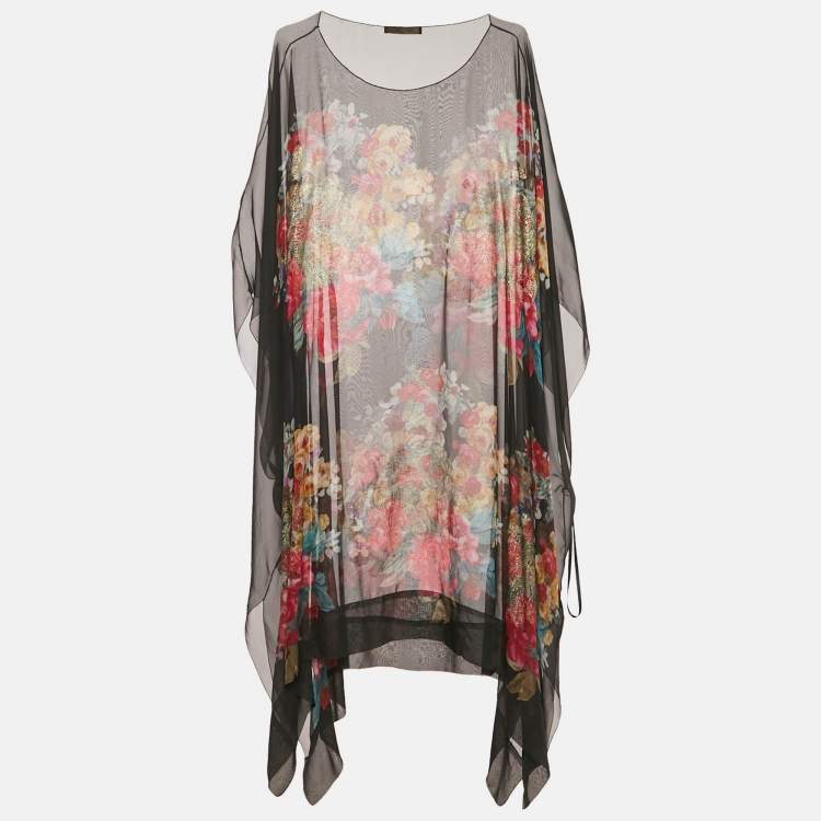 Pre Owned Roberto Cavalli Black Printed Silk Sheer Kaftan Dress M