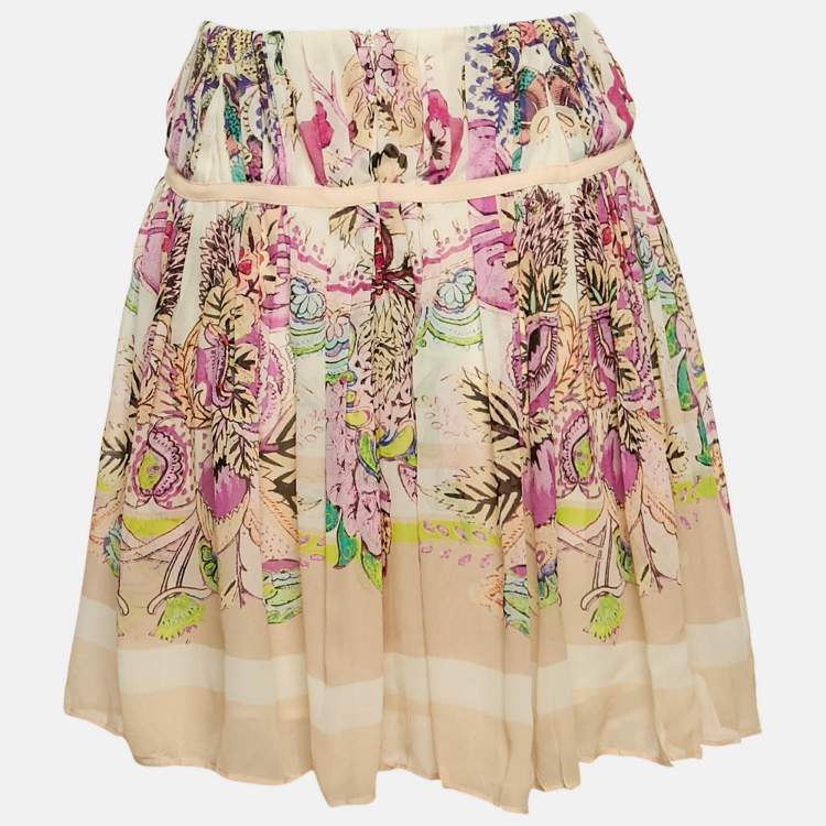 Pre Owned Roberto Cavalli Pink Floral Print Silk Pleated Mini Skirt S