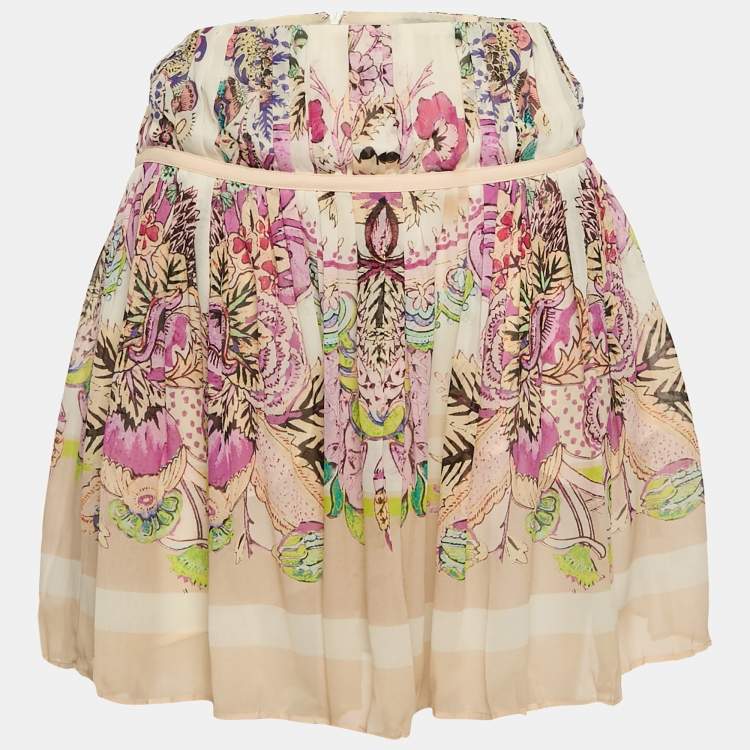 Pre Owned Roberto Cavalli Pink Floral Print Silk Pleated Mini Skirt S