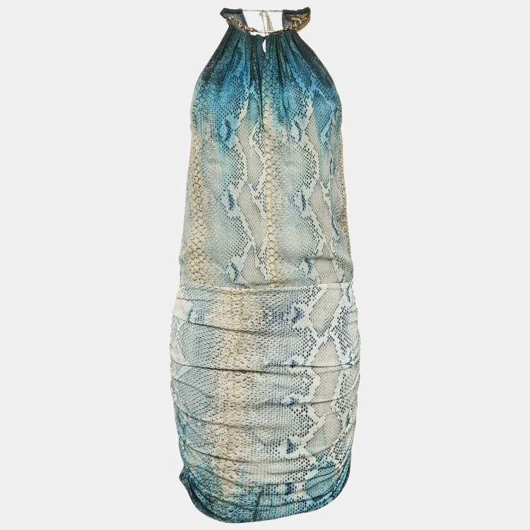 Pre Owned Roberto Cavalli Blue Snakeskin Prinr Silk and Jersey Ruche Mini Dress M