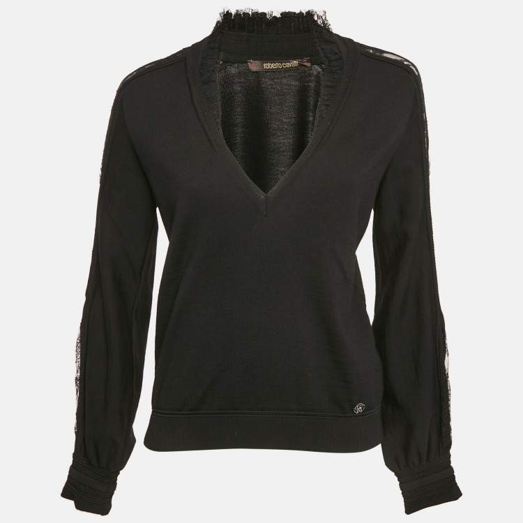 Pre Owned Roberto Cavalli Black Wool Ruffle Neck Detail V-Neck Sweater M