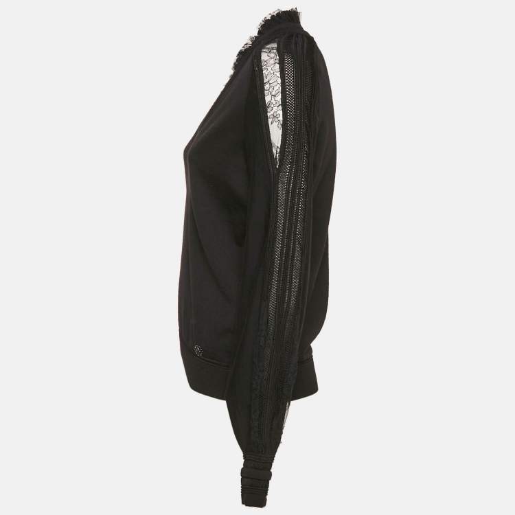 Pre Owned Roberto Cavalli Black Wool Ruffle Neck Detail V-Neck Sweater M