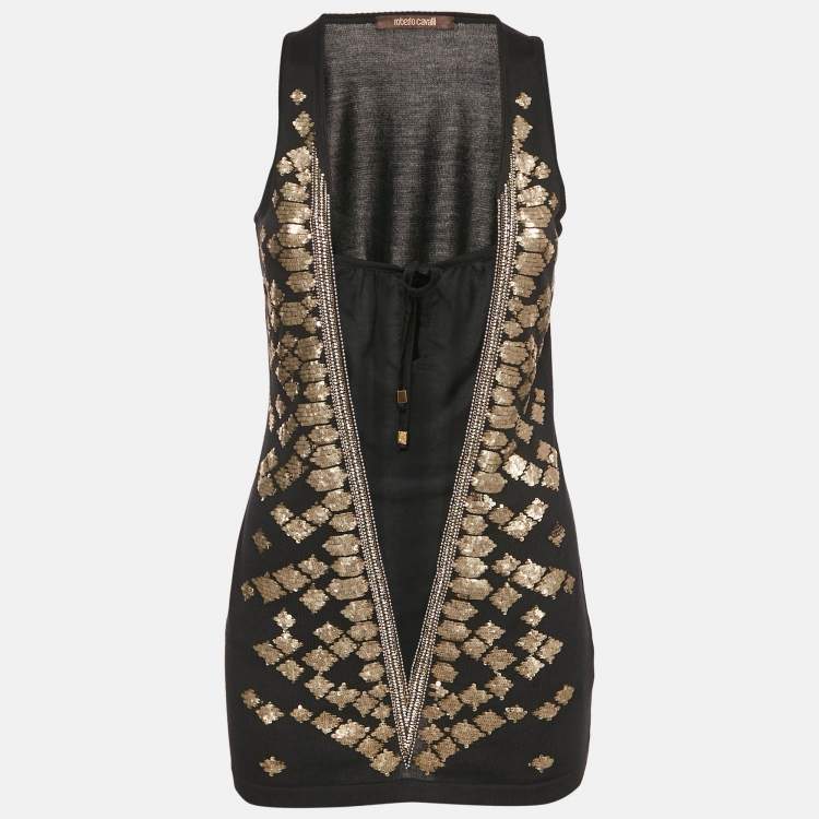 Pre Owned Roberto Cavalli Black Embellished Silk Knit Tank Top M