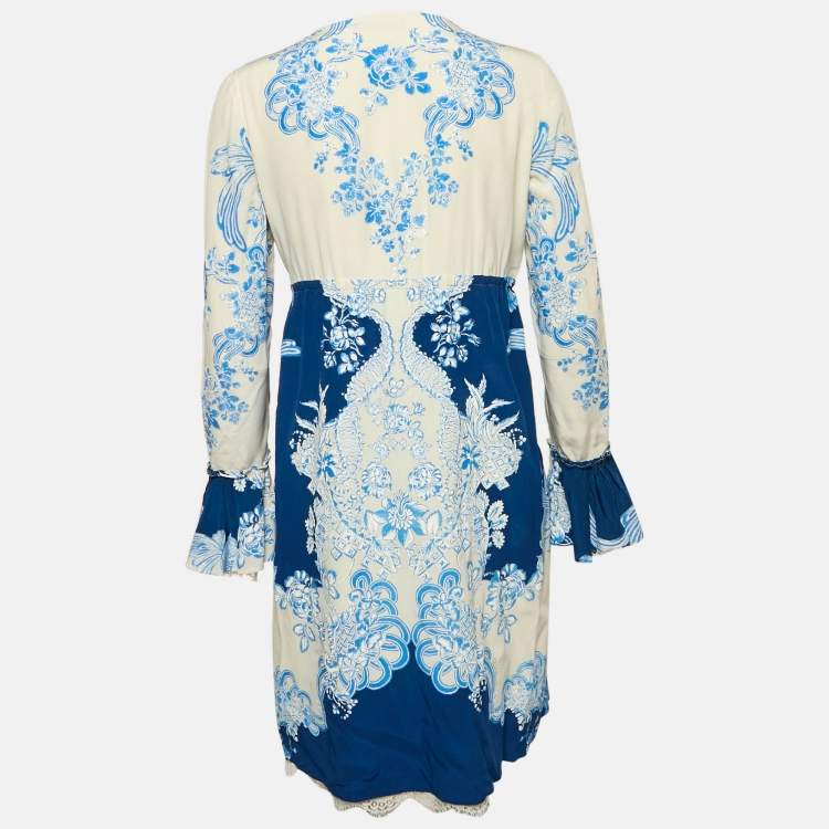 Pre Owned Roberto Cavalli White/Blue Floral Print Silk Lace Trimmed Short Dress M