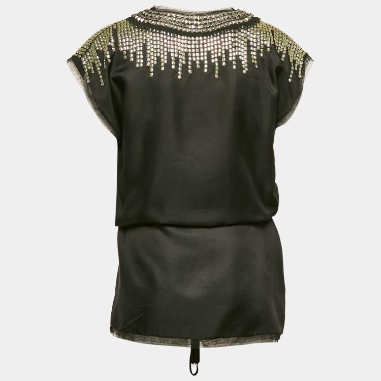 Pre Owned Roberto Cavalli Black Embellished Silk Tie-Up Detail Kaftan Top S