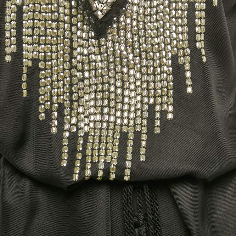 Pre Owned Roberto Cavalli Black Embellished Silk Tie-Up Detail Kaftan Top S