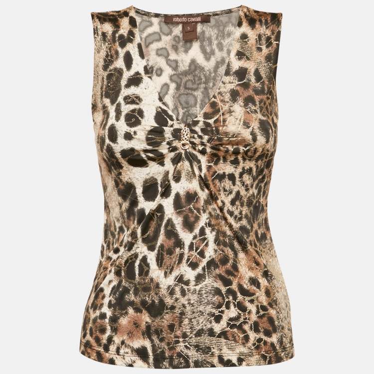 Pre Owned Roberto Cavalli Brown Printed Jersey Tank Top S