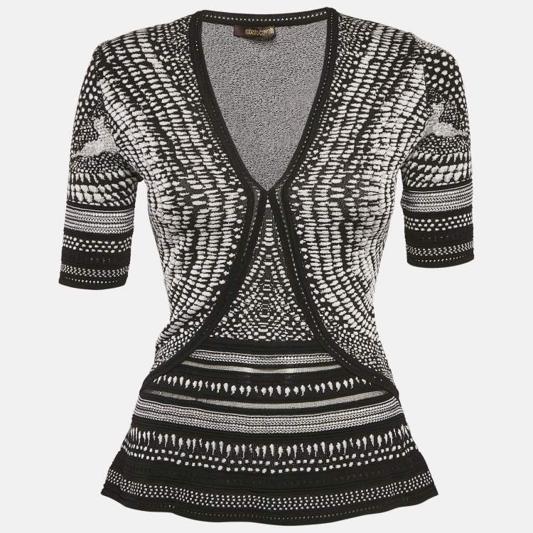Pre Owned Roberto Cavalli Monochrome Patterned Jacquard Stretch Knit Top S