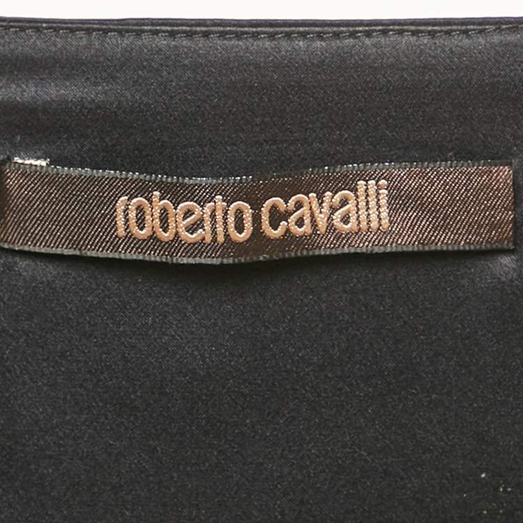 Pre Owned Roberto Cavalli Black/Brown Printed Satin Silk Maxi Skirt L