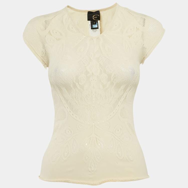 Pre Owned Roberto Cavalli Cream Mesh Jersey Top S