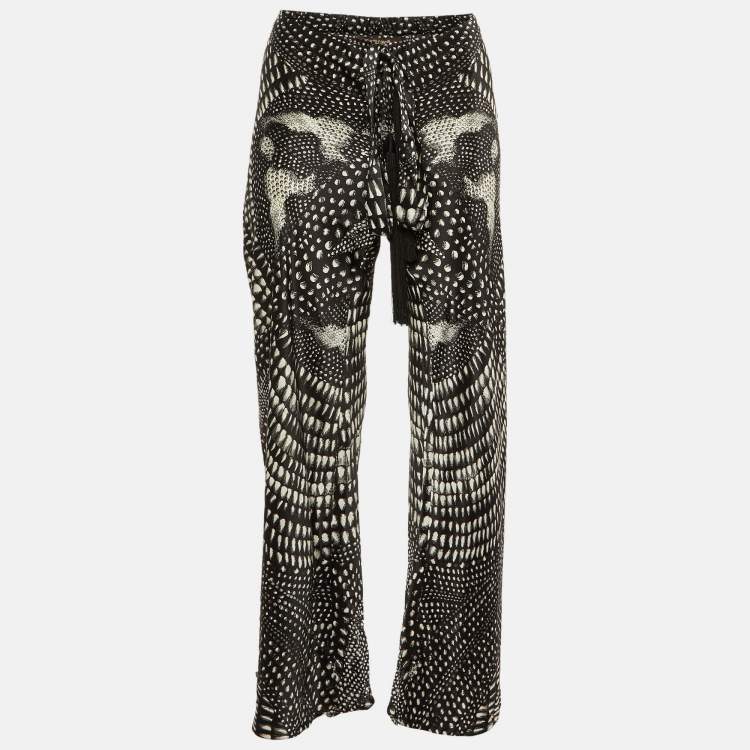 Pre Owned Roberto Cavalli Black Printed Silk Wide leg Trousers S
