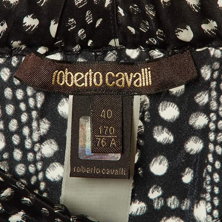 Pre Owned Roberto Cavalli Black Printed Silk Wide leg Trousers S