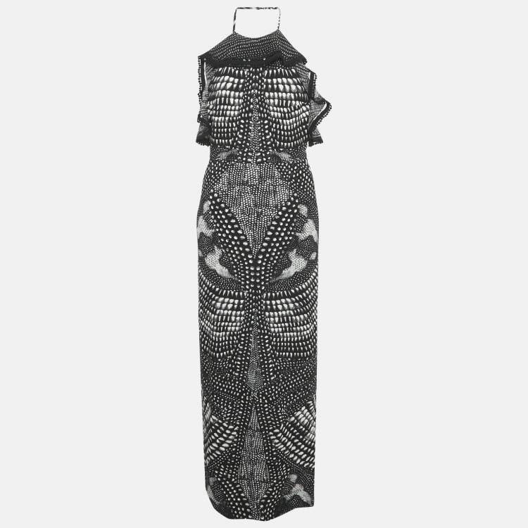 Pre Owned Roberto Cavalli Black Print Crepe Halter Neck Maxi Dress M