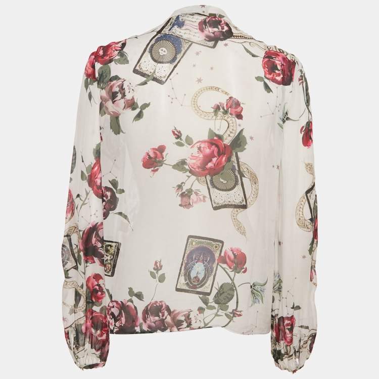Pre Owned Roberto Cavalli  White Printed Silk Chiffon Ruffled Sheer Top S