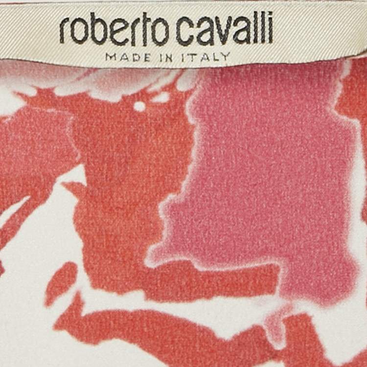 Pre Owned Roberto Cavalli Red Printed Silk Asymmetric Sleeveess Wrap Top S