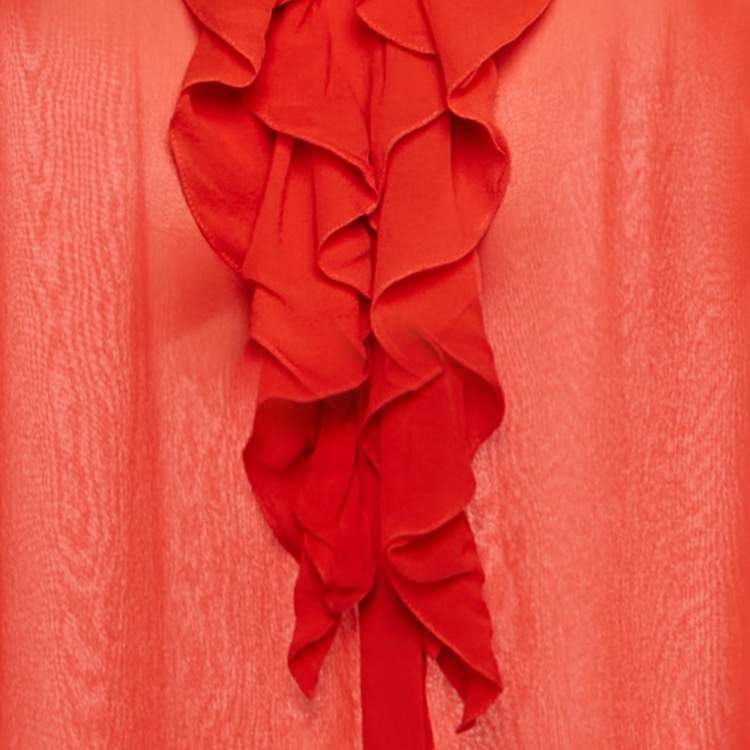 Pre Owned Roberto Cavalli Red Silk Chiffon Ruffle Neck Sheer Shirt S