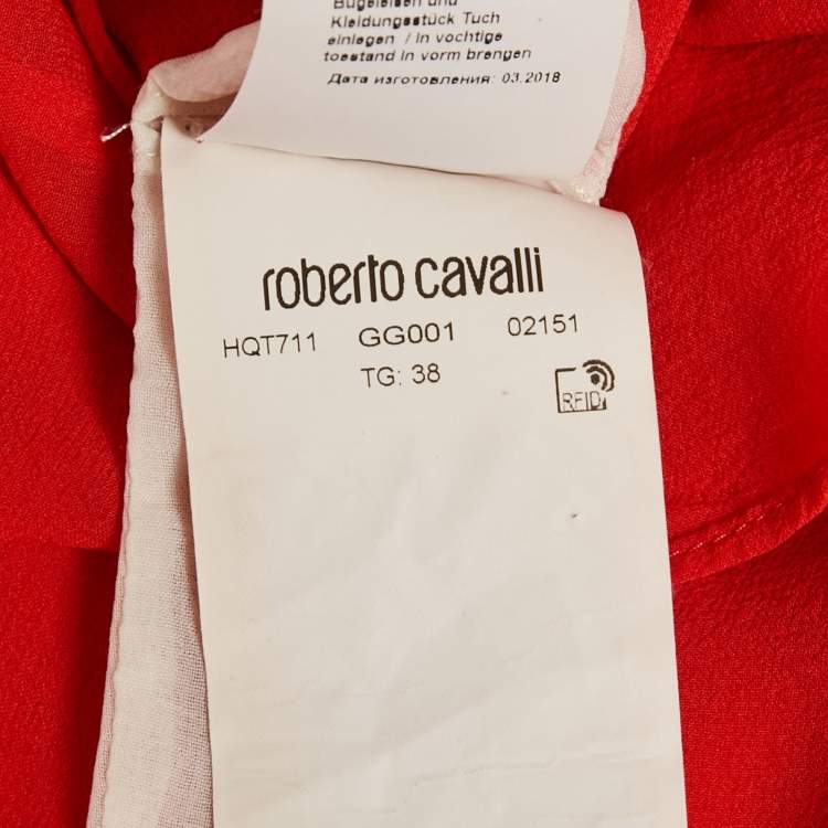 Pre Owned Roberto Cavalli Red Silk Chiffon Ruffle Neck Sheer Shirt S