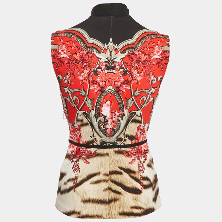 Pre Owned Roberto Cavalli Red Floral Print Jersey Sleeveless Top S