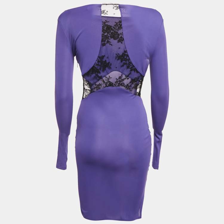 Pre Owned Roberto Cavalli Purple Crepe Lace Back Midi Dress S