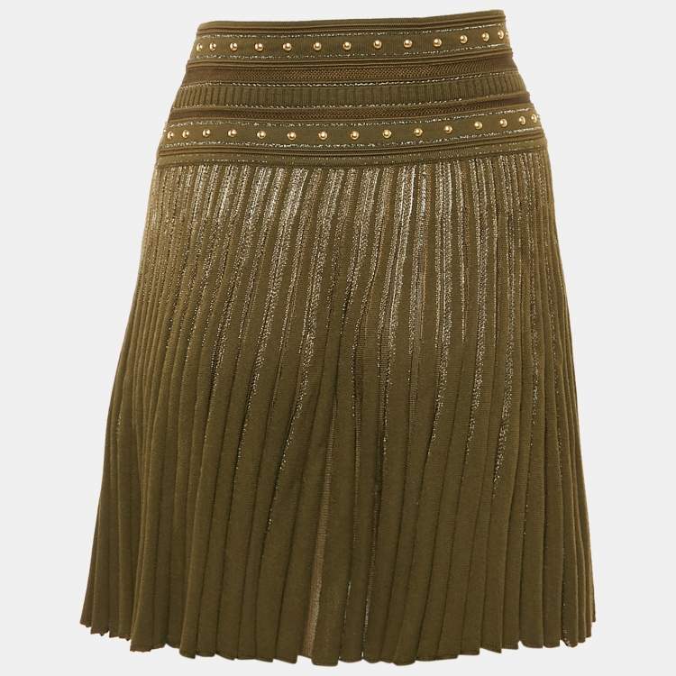 Pre Owned Roberto Cavalli Green Wool Blend Pleated Mini Skirt S