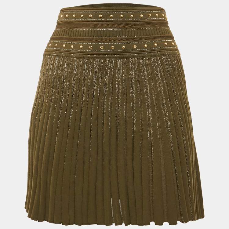 Pre Owned Roberto Cavalli Green Wool Blend Pleated Mini Skirt S