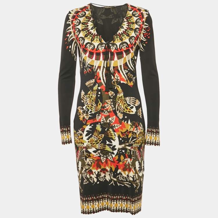 Pre Owned Roberto Cavalli Black Printed Jersey Short Dress M