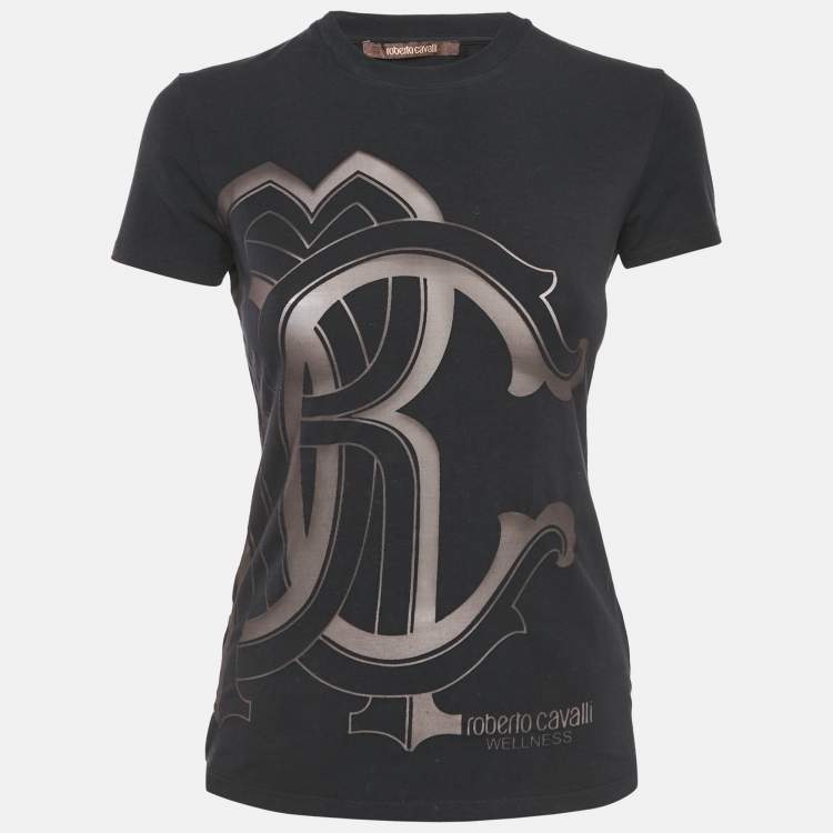 مملوكة مسبقًا Roberto Cavalli Black Logo Print Cotton Crew Neck T-Shirt S