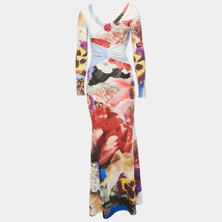 Pre Owned Roberto Cavalli Multicolor Floral Print Jersey Brooch Detail Maxi Dress S