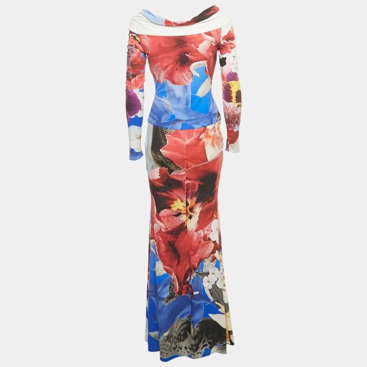 Pre Owned Roberto Cavalli Multicolor Floral Print Jersey Brooch Detail Maxi Dress S