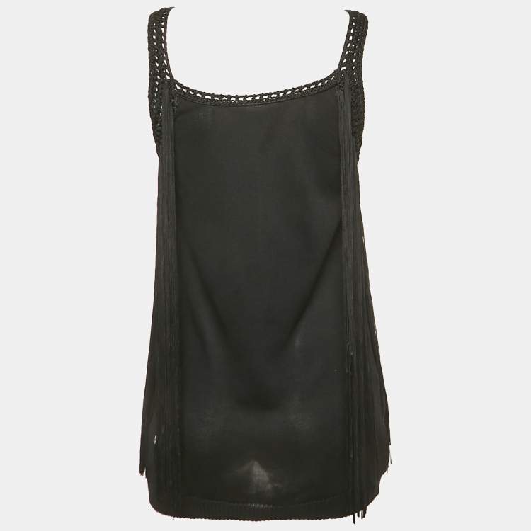 Pre Owned Roberto Cavalli Black Stretch Knit Braided Fringe Top L
