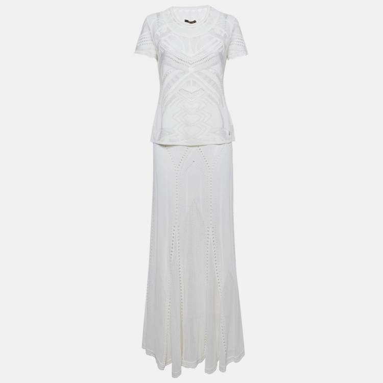 Pre Owned Roberto Cavalli White Perforated Knit Top & Maxi Skirt Set M