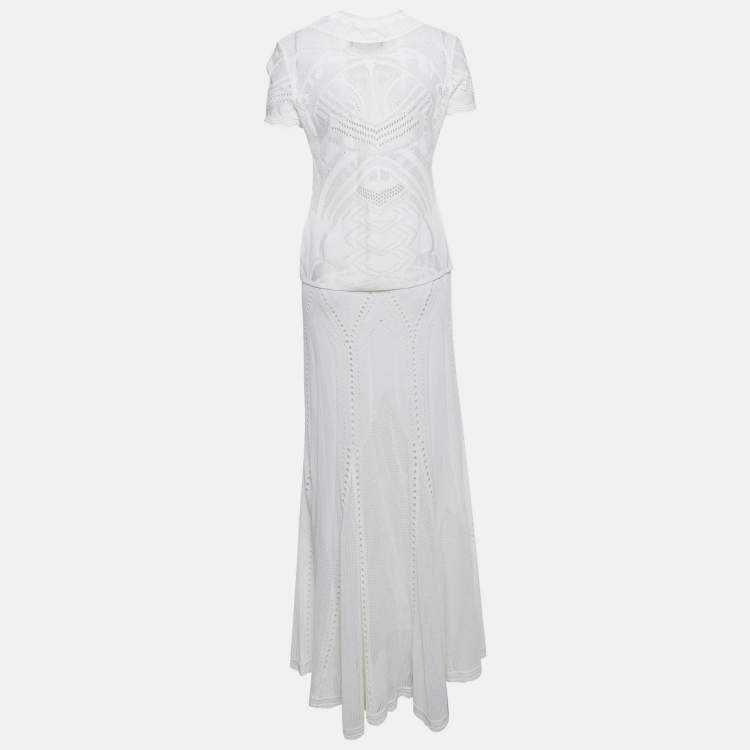 Pre Owned Roberto Cavalli White Perforated Knit Top & Maxi Skirt Set M