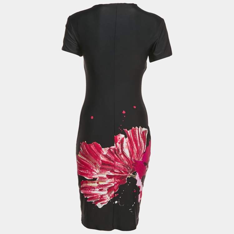Pre Owned Roberto Cavalli Black Printed Jersey Ruched Detail Mini Dress S