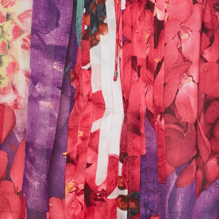 Pre Owned Roberto Cavalli Pink Floral Print Silk Pleated Blouse M