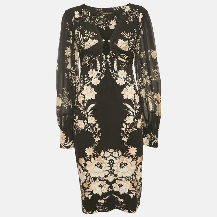 Pre Owned Roberto Cavalli Black Floral Print Jersey Ruche Neck Short Dress L