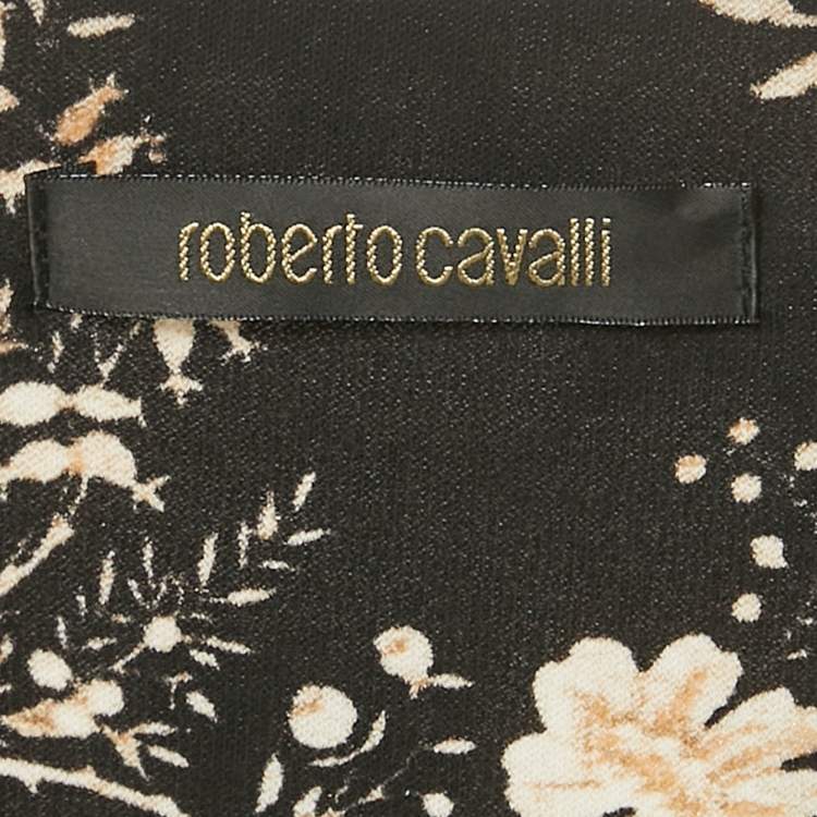 Pre Owned Roberto Cavalli Black Floral Print Jersey Ruche Neck Short Dress L