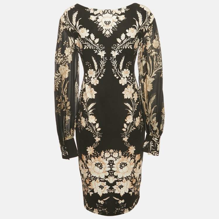 Pre Owned Roberto Cavalli Black Floral Print Jersey Ruche Neck Short Dress L